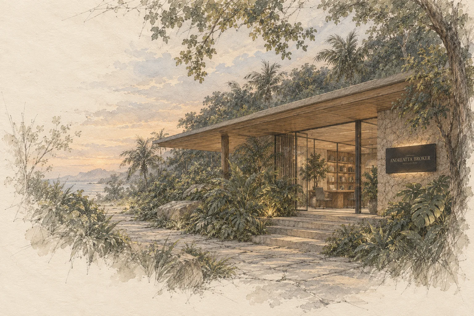 Ilustração de uma residência de alto padrão com jardim e piscina