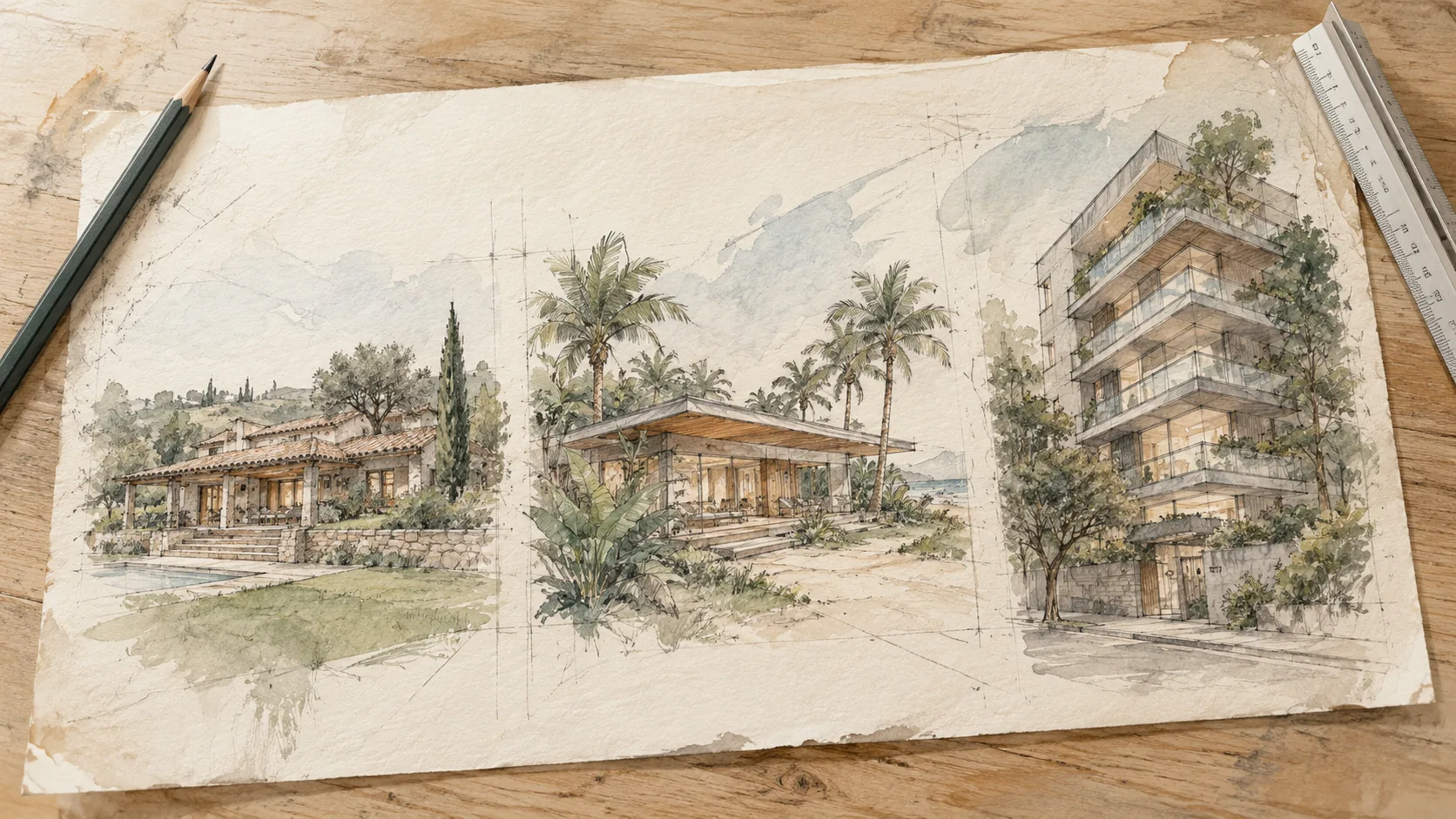 Illustration of a drawing board with sketches of a high-end development